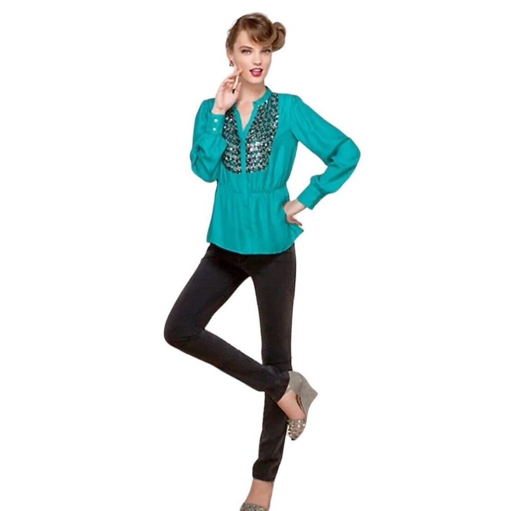 Maeve Anthropologie Sequined Blouse Teal Green Long Sleeve Women's‎ Size Medium